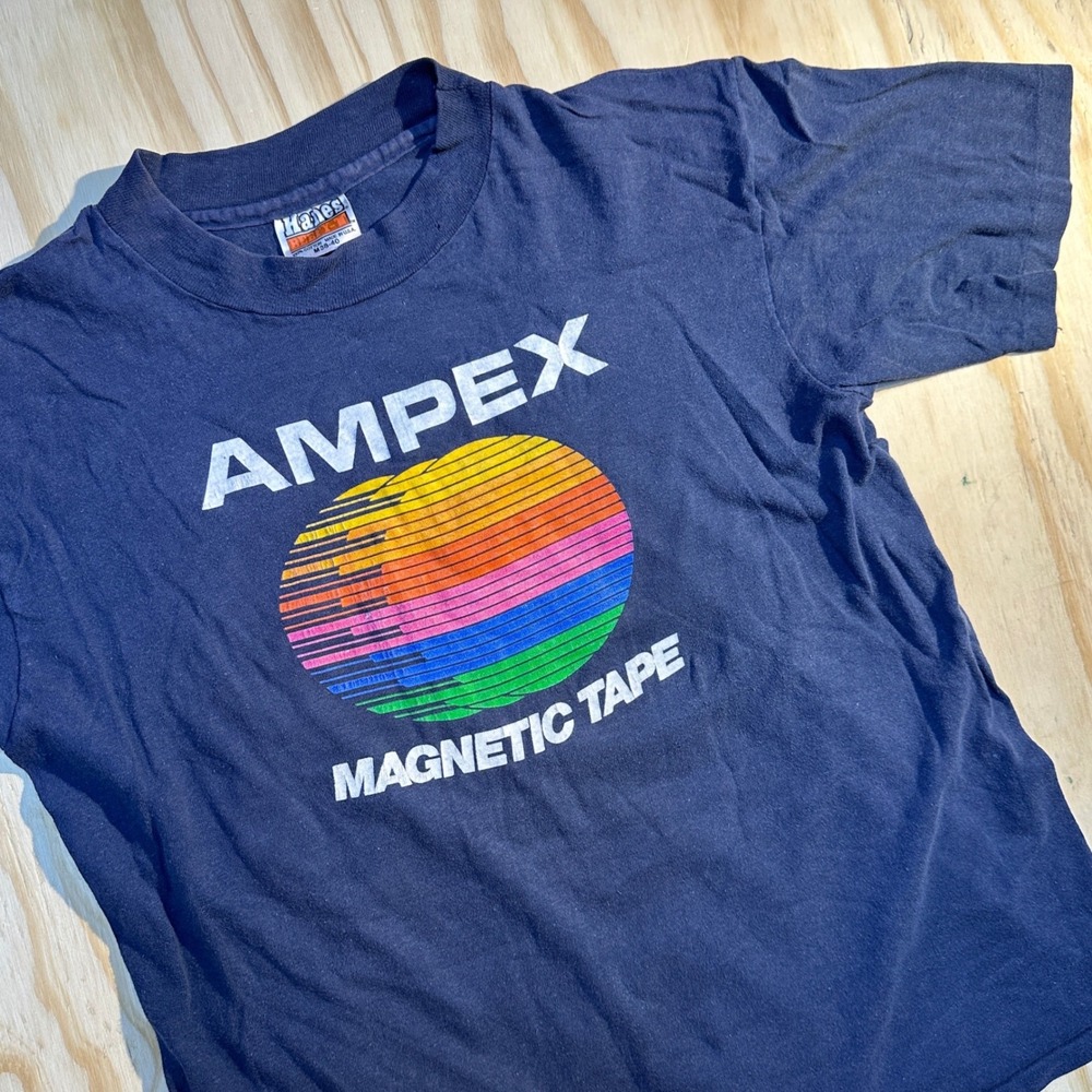 RARE Hanes Men's Vintage Ampex Magnetic Tape Rainbow Graphic Tee Navy Blue M